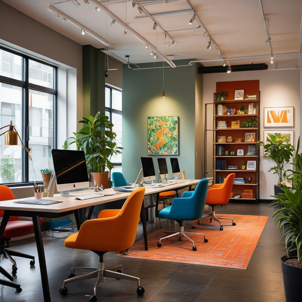 A modern office setting showcasing a diverse group of professional individuals wearing stylish customized corporate apparel, displaying various branding options like logos and colors. The background features a sleek workspace with plants and computers, conveying a sense of teamwork and creativity. Include textiles and design sketches on a table to illustrate the customization process. vibrant colors. super-realistic.