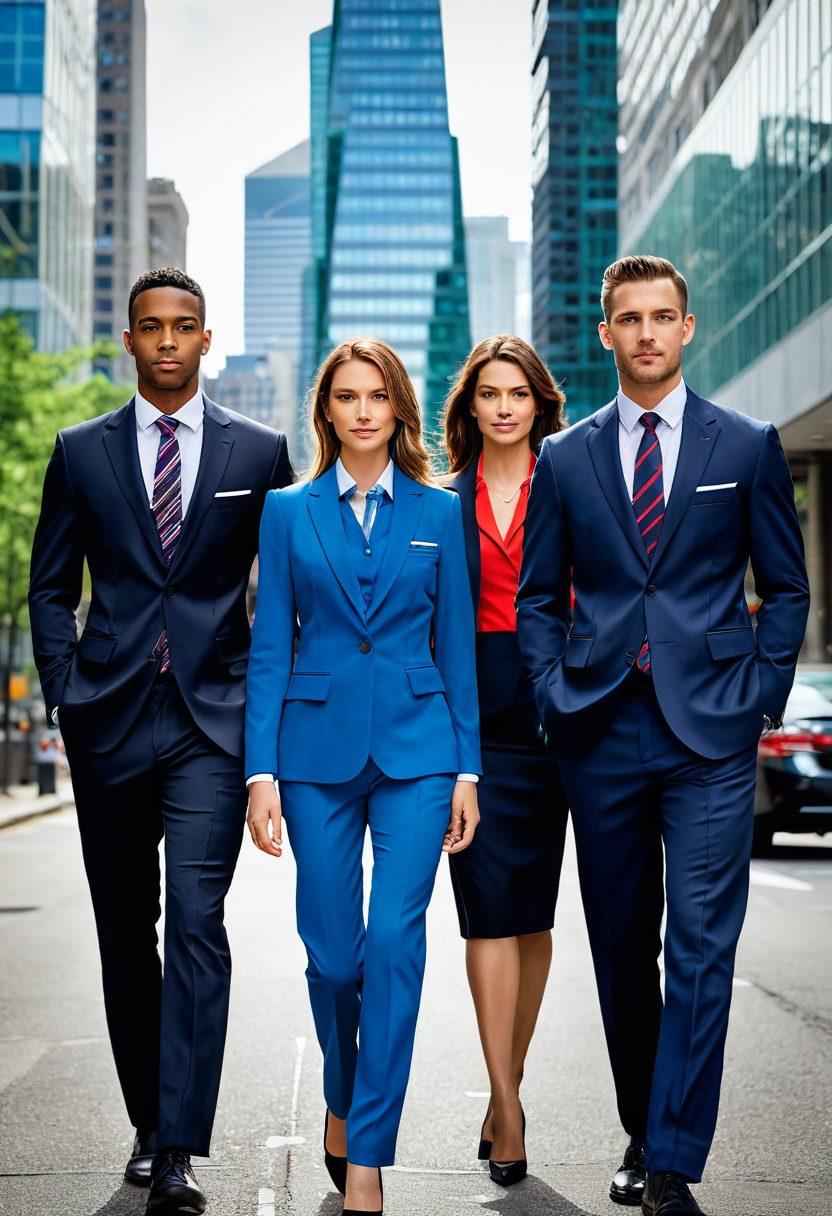 An elegant, dynamic scene showcasing a diverse group of professionals wearing stylish, well-fitted uniforms in a modern urban setting. Each uniform reflects a unique industry, blending style and functionality, while accentuating the vibrant city backdrop. Bright colors and contemporary designs highlight the versatility of the uniforms, creating an inviting atmosphere. super-realistic. vibrant colors. urban background.