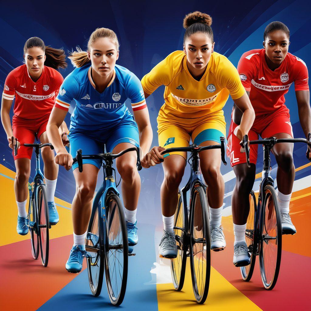 A dynamic scene featuring a diverse group of athletes in premium, stylish uniforms, showcasing various sports like soccer, basketball, and cycling. The background includes a vibrant team logo and a motivational tagline. Bright colors should highlight the uniforms, while subtle textures emphasize quality. Include elements that evoke teamwork and passion. super-realistic. vibrant colors. clean background.
